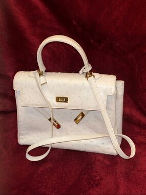 Structured White Ostrich-Texture Top-Handle Satchel with Gold Hardware